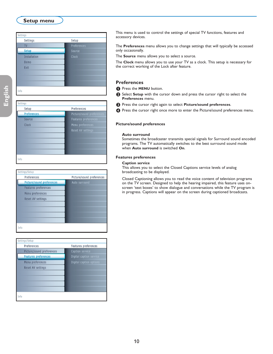 English française español, Setup menu | Philips 42PF5421D-37 User Manual | Page 18 / 123