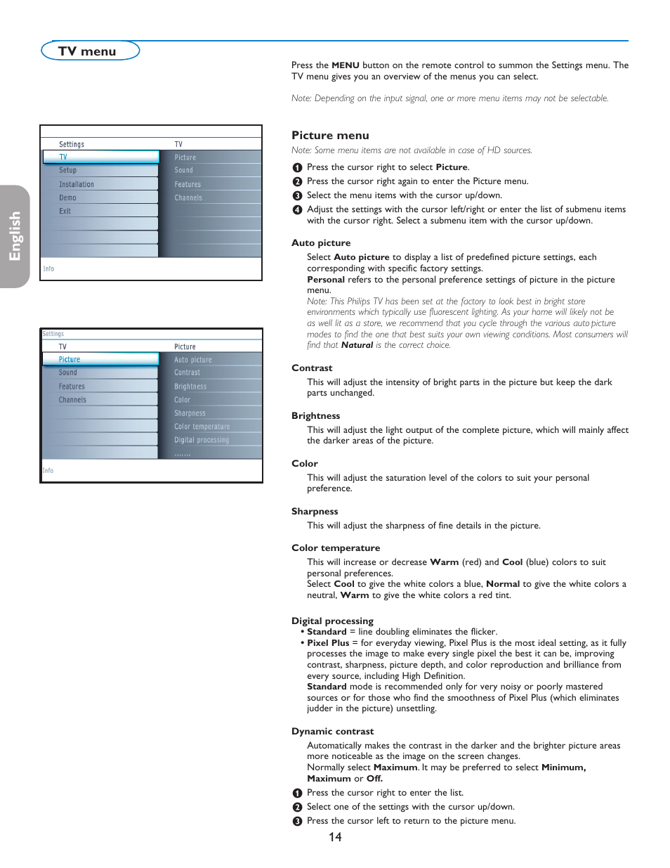 English française español, Tv menu | Philips 42PF5421D-37 User Manual | Page 22 / 123