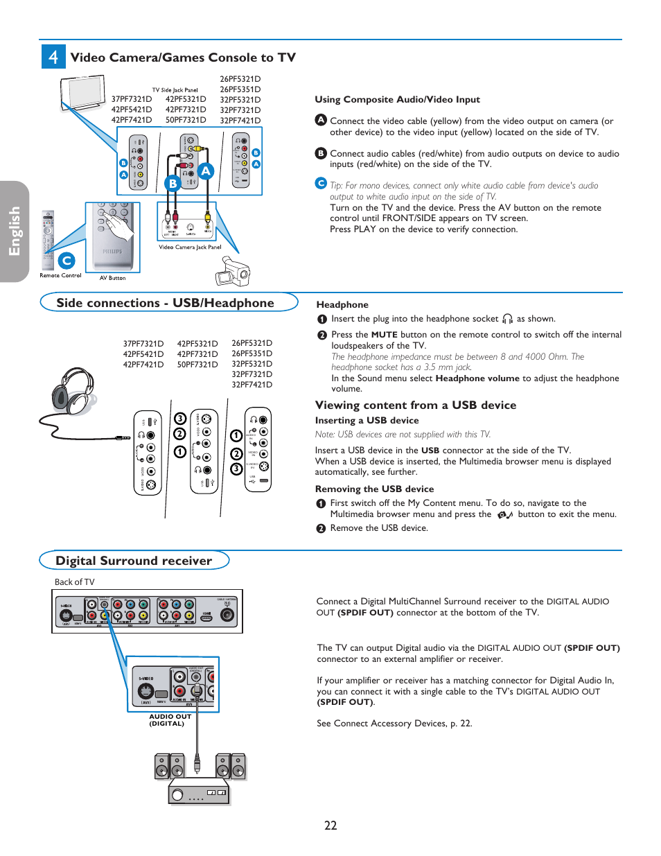 English française español, Video camera/games console to tv, Side connections - usb/headphone | Digital surround receiver, Viewing content from a usb device | Philips 42PF5421D-37 User Manual | Page 30 / 123