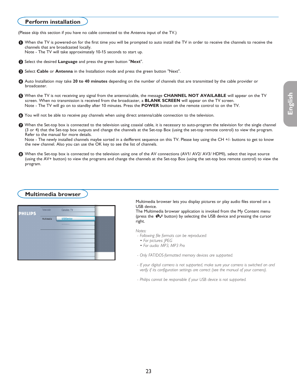 English française español, Perform installation, Multimedia browser | Philips 42PF5421D-37 User Manual | Page 31 / 123