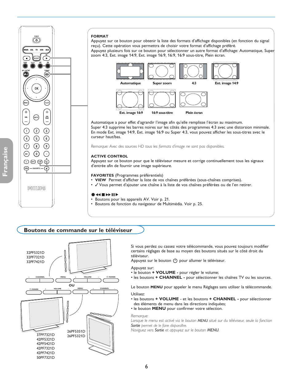 Française, Boutons de commande sur le téléviseur | Philips 42PF5421D-37 User Manual | Page 52 / 123