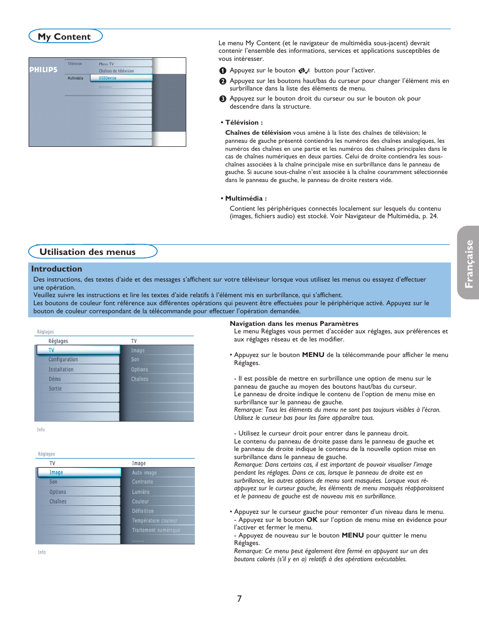 Française, Utilisation des menus, My content | Philips 42PF5421D-37 User Manual | Page 53 / 123