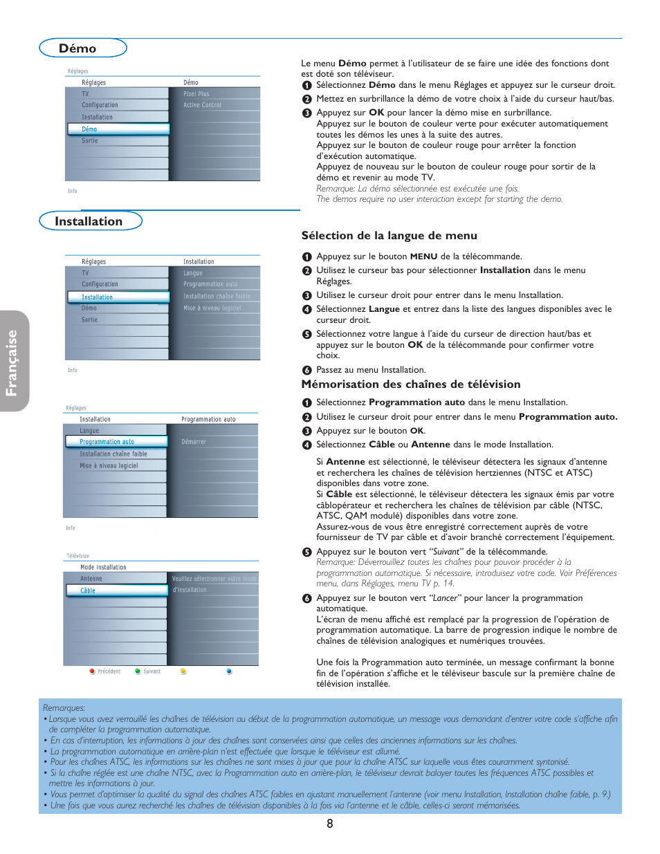 Française, Installation, Démo | Philips 42PF5421D-37 User Manual | Page 54 / 123