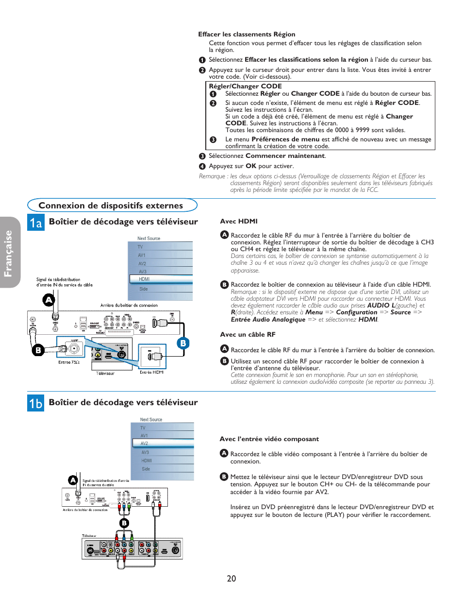 Française, Connexion de dispositifs externes, Boîtier de décodage vers téléviseur | Philips 42PF5421D-37 User Manual | Page 66 / 123