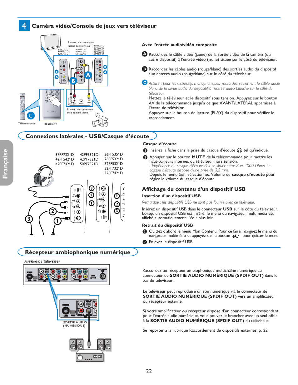 Française, Caméra vidéo/console de jeux vers téléviseur, Connexions latérales - usb/casque d’écoute | Récepteur ambiophonique numérique, Affichage du contenu d’un dispositif usb | Philips 42PF5421D-37 User Manual | Page 68 / 123