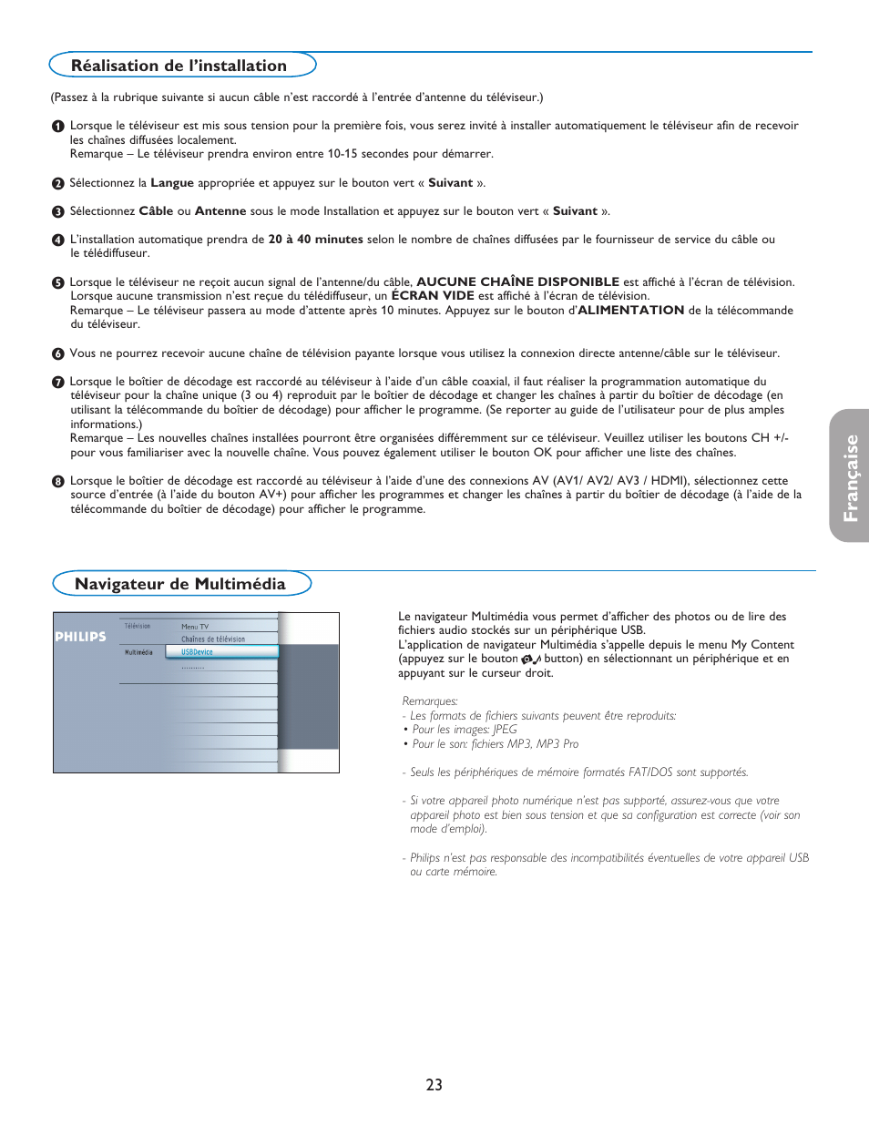 Française, Réalisation de l’installation, Navigateur de multimédia | Philips 42PF5421D-37 User Manual | Page 69 / 123