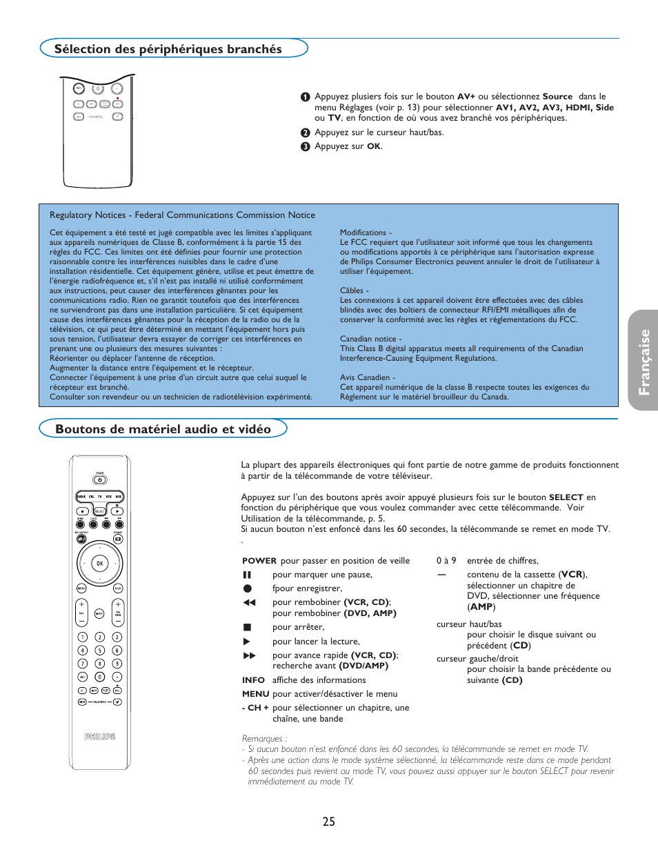 Française, Boutons de matériel audio et vidéo, Sélection des périphériques branchés | Philips 42PF5421D-37 User Manual | Page 71 / 123