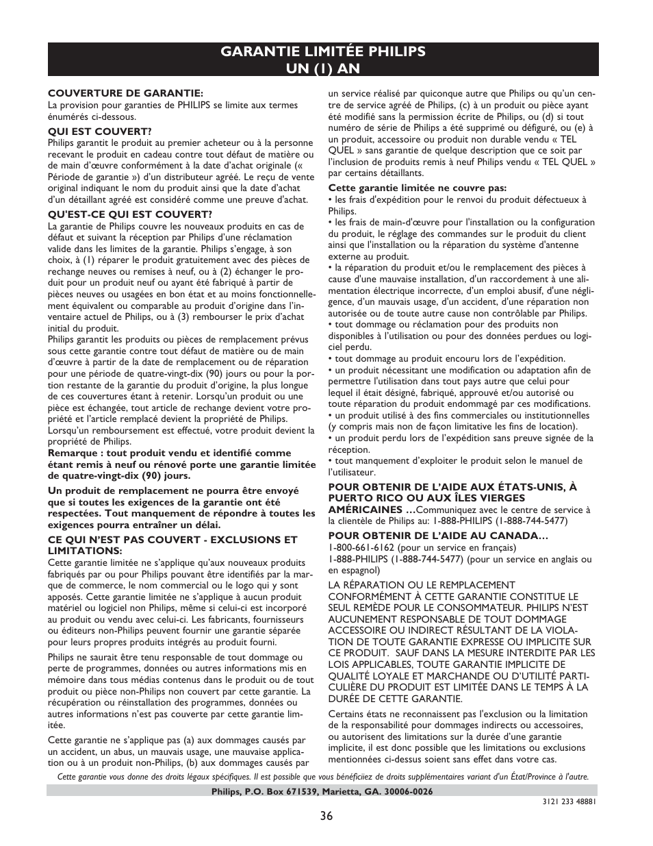 Garantie limitée philips un (1) an | Philips 42PF5421D-37 User Manual | Page 82 / 123