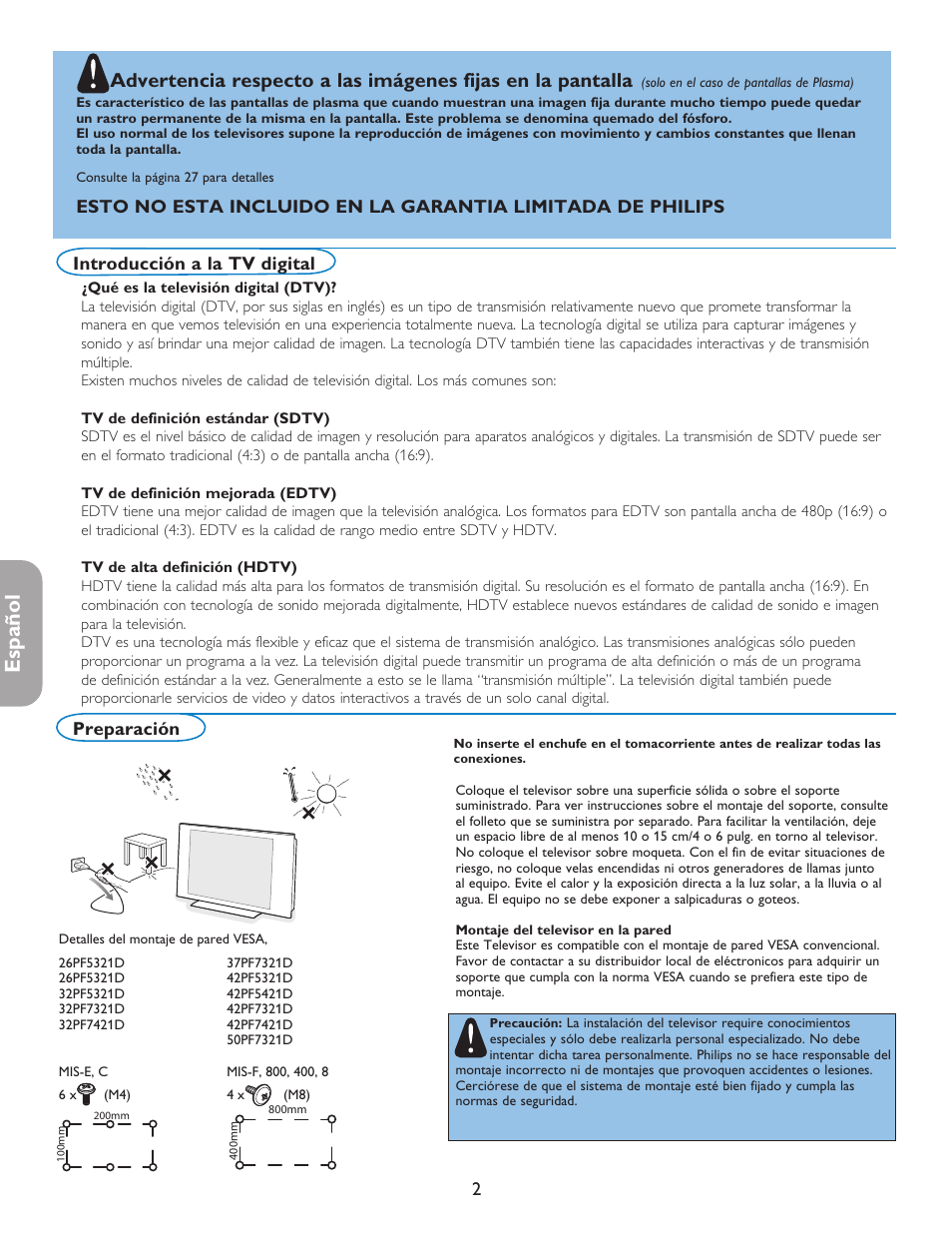 Español, Preparación, Introducción a la tv digital | Philips 42PF5421D-37 User Manual | Page 86 / 123