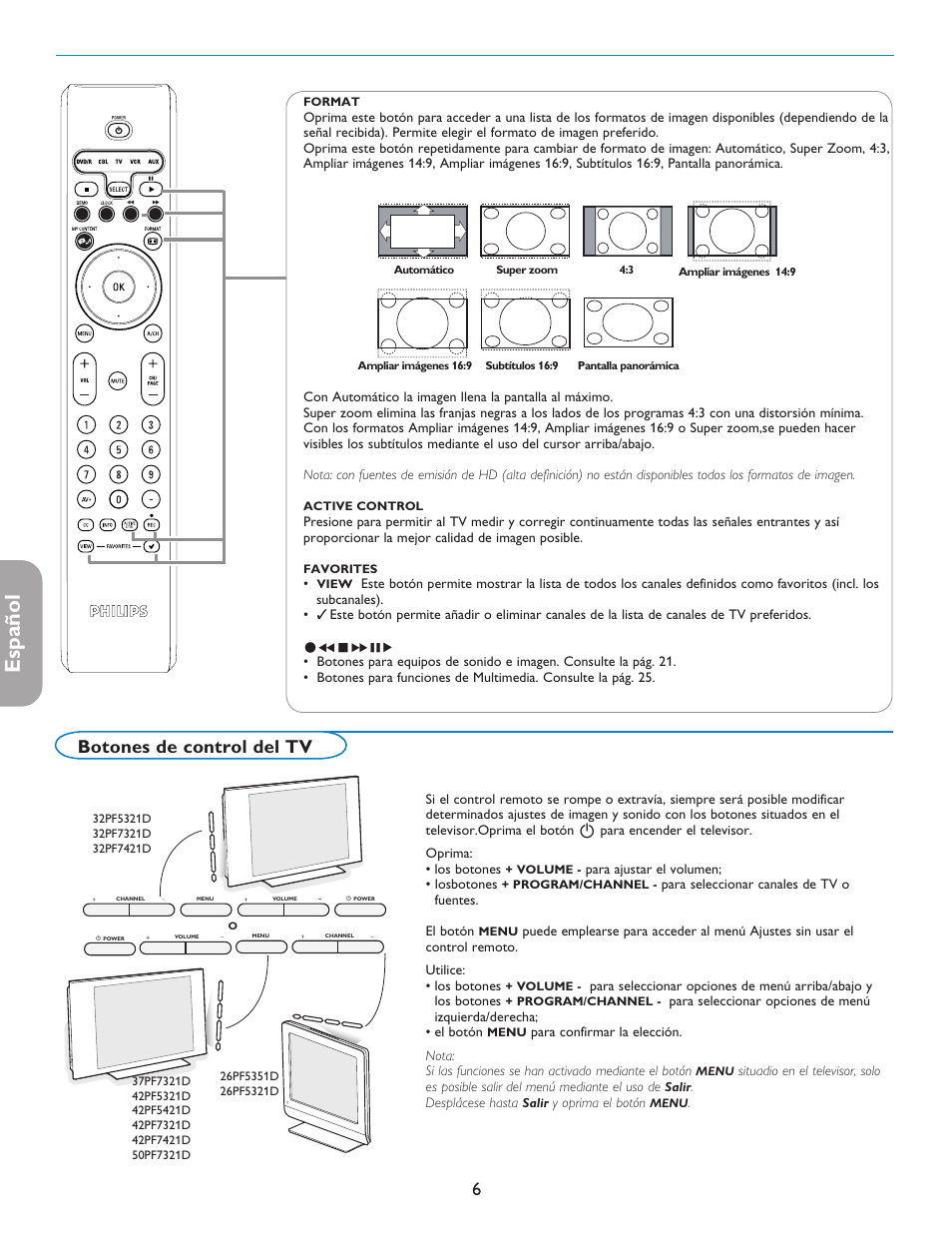 Español, Botones de control del tv | Philips 42PF5421D-37 User Manual | Page 90 / 123