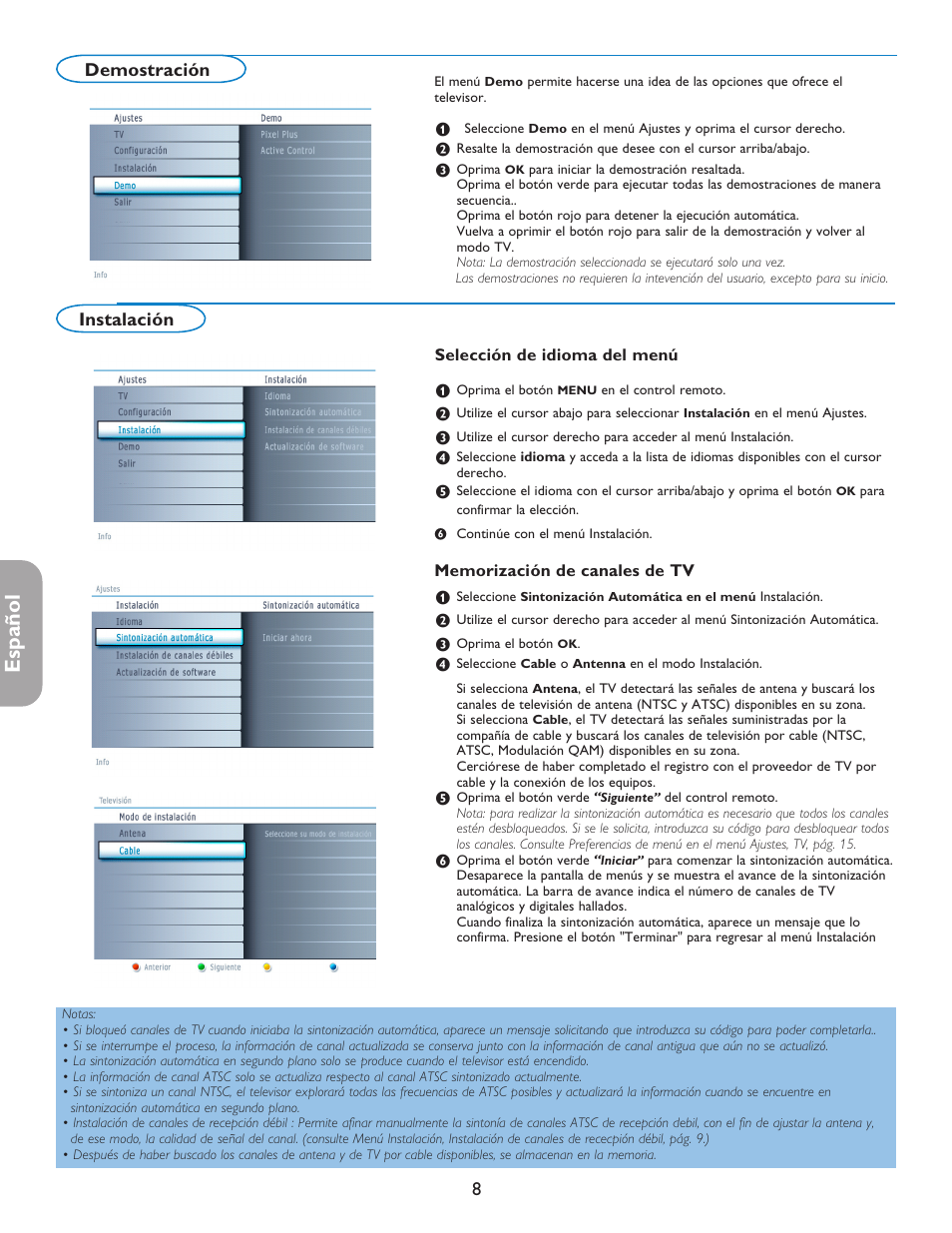 Español, Instalación, Demostración | Philips 42PF5421D-37 User Manual | Page 92 / 123