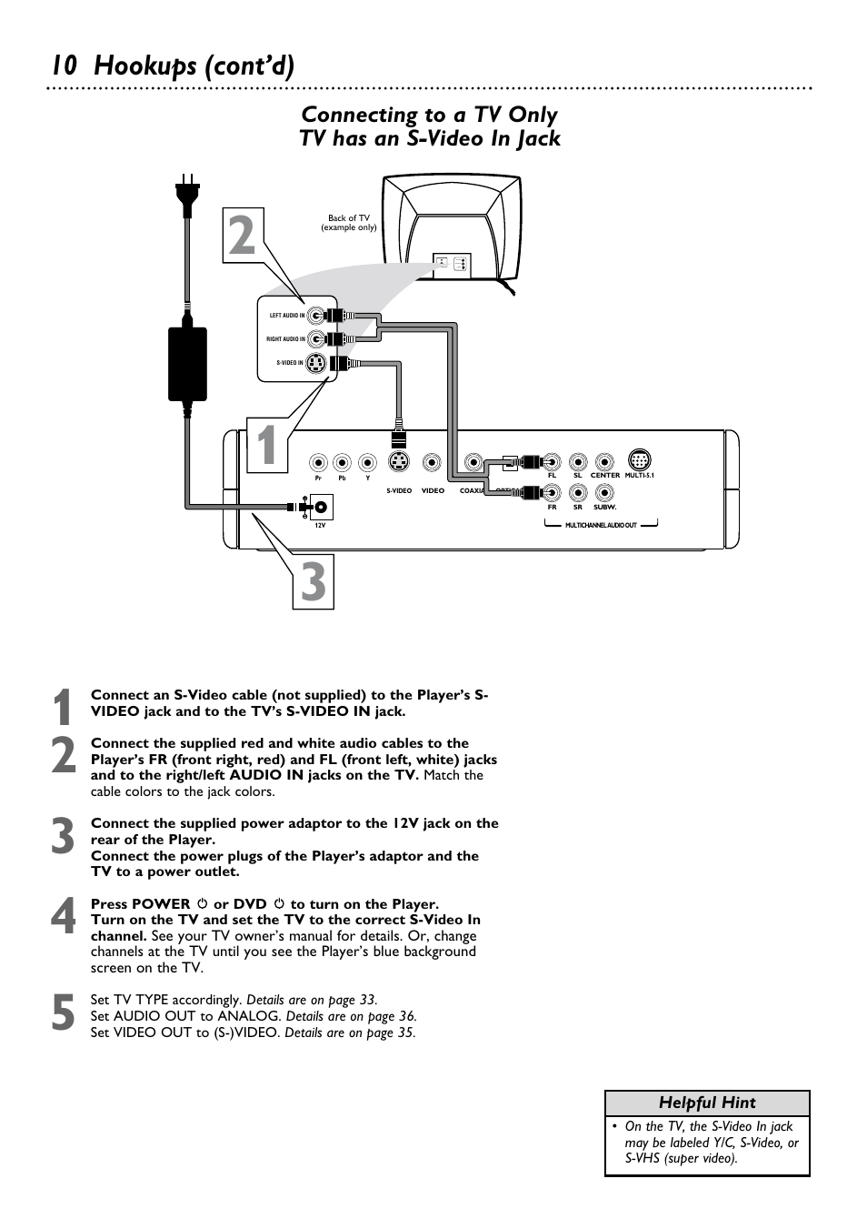 10 hookups (cont’d), Connecting to a tv only tv has an s-video in jack | Philips DVD580MT99 User Manual | Page 10 / 47