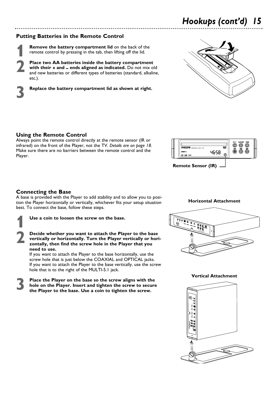 Hookups (cont’d) 15, Putting batteries in the remote control, Using the remote control | Connecting the base, Use a coin to loosen the screw on the base | Philips DVD580MT99 User Manual | Page 15 / 47