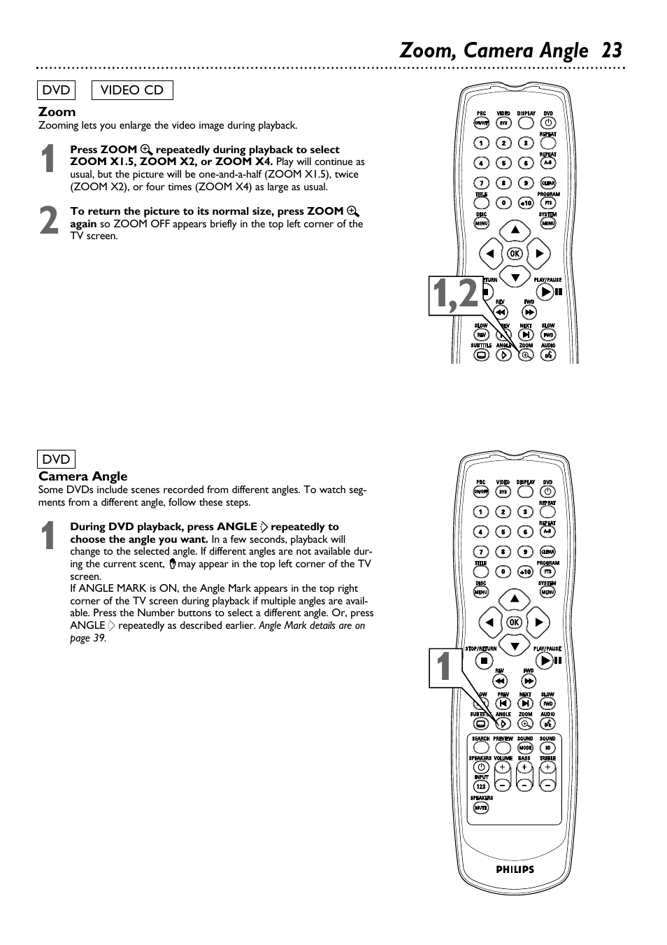 Zoom, camera angle 23 | Philips DVD580MT99 User Manual | Page 23 / 47