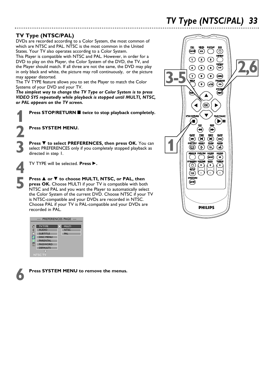 Tv type (ntsc/pal) 33 | Philips DVD580MT99 User Manual | Page 33 / 47