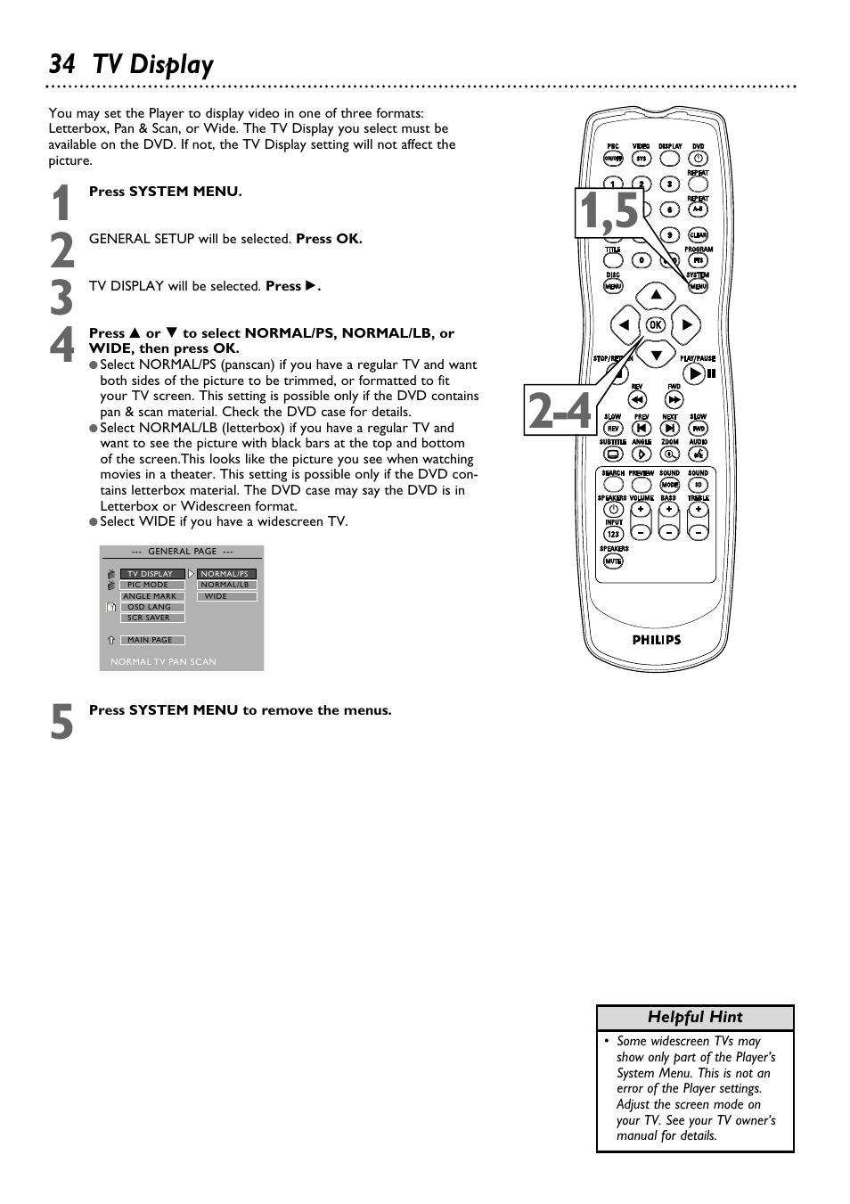 34 tv display | Philips DVD580MT99 User Manual | Page 34 / 47