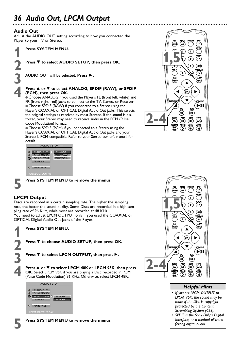 36 audio out, lpcm output | Philips DVD580MT99 User Manual | Page 36 / 47