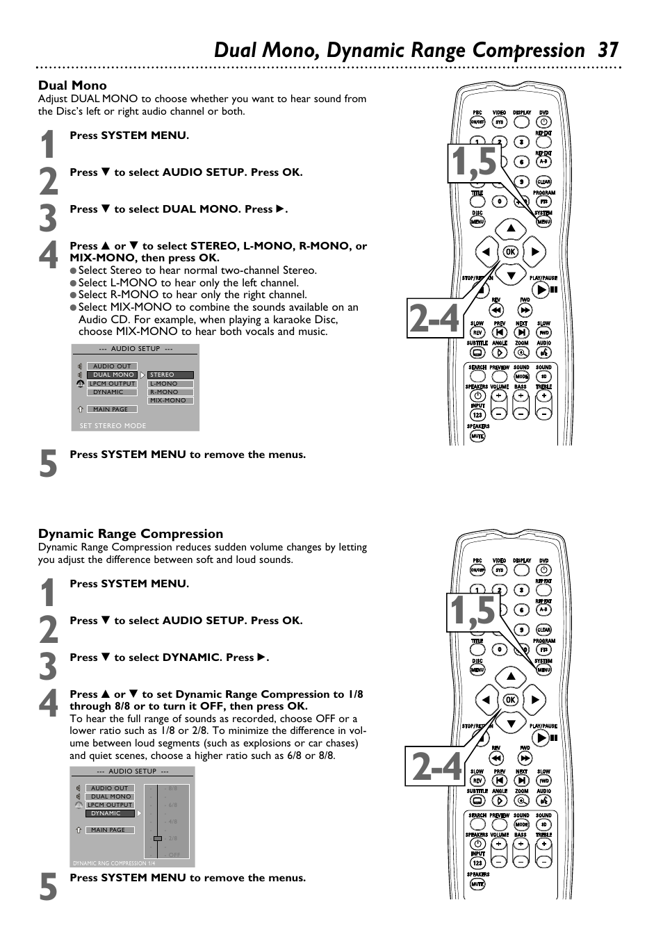 Dual mono, dynamic range compression 37 | Philips DVD580MT99 User Manual | Page 37 / 47