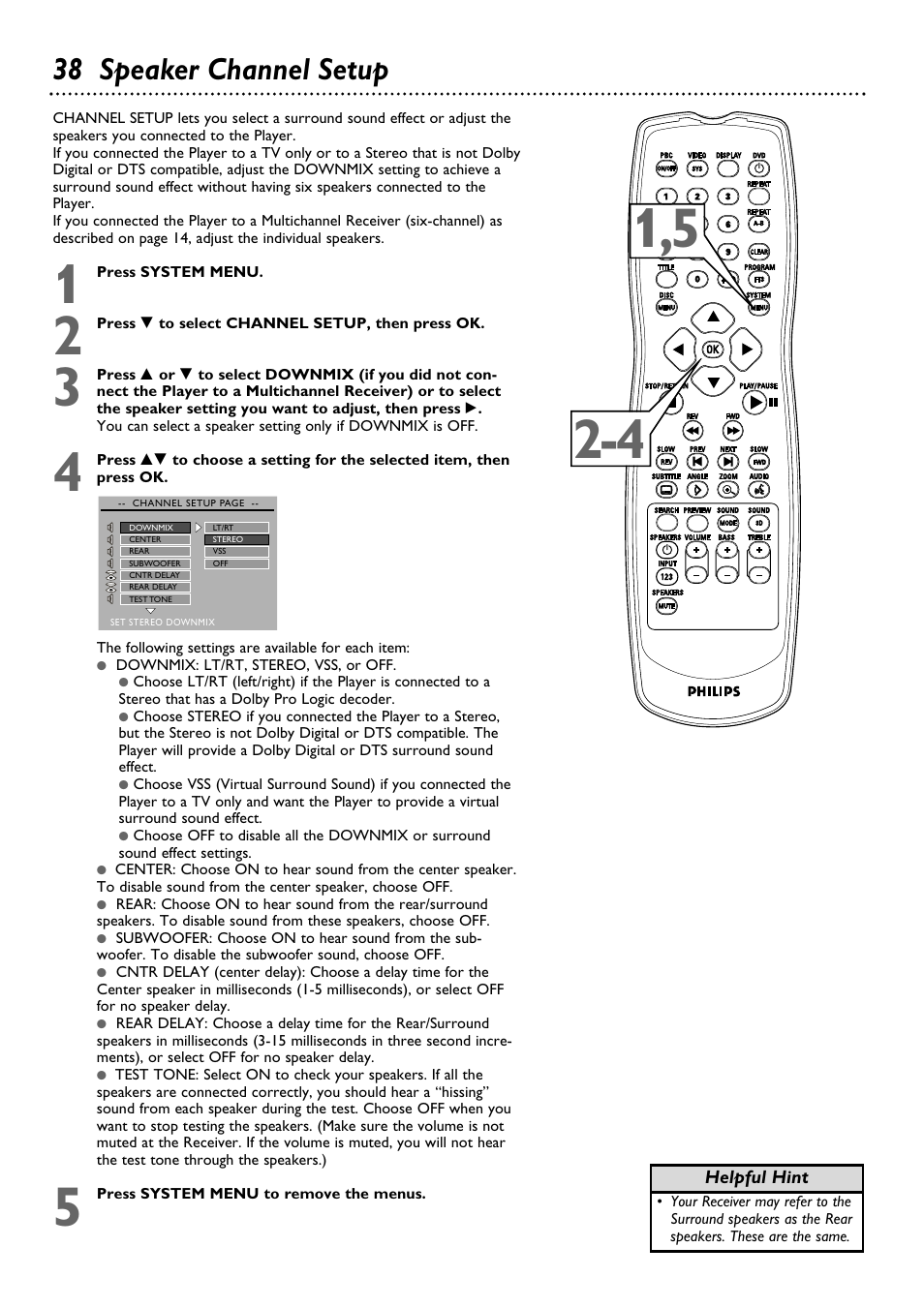 38 speaker channel setup | Philips DVD580MT99 User Manual | Page 38 / 47