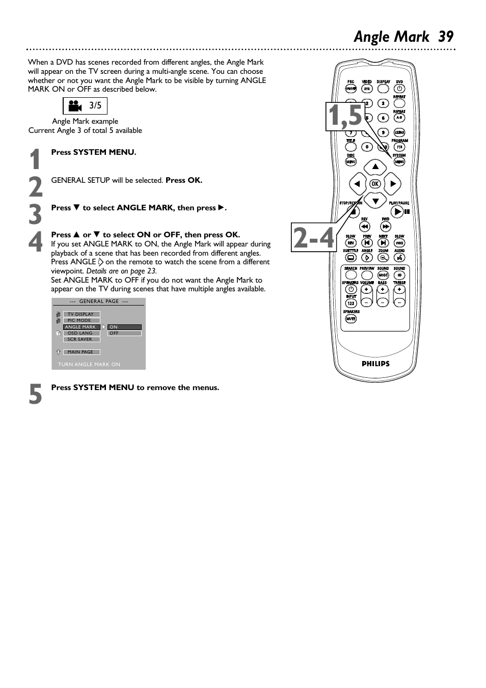 Angle mark 39 | Philips DVD580MT99 User Manual | Page 39 / 47