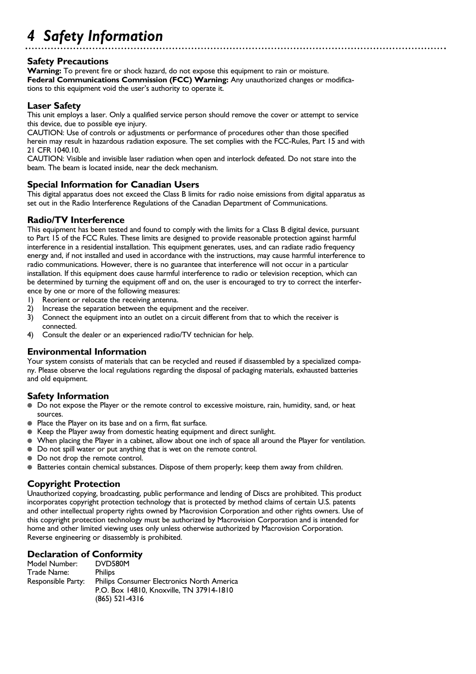 4 safety information | Philips DVD580MT99 User Manual | Page 4 / 47