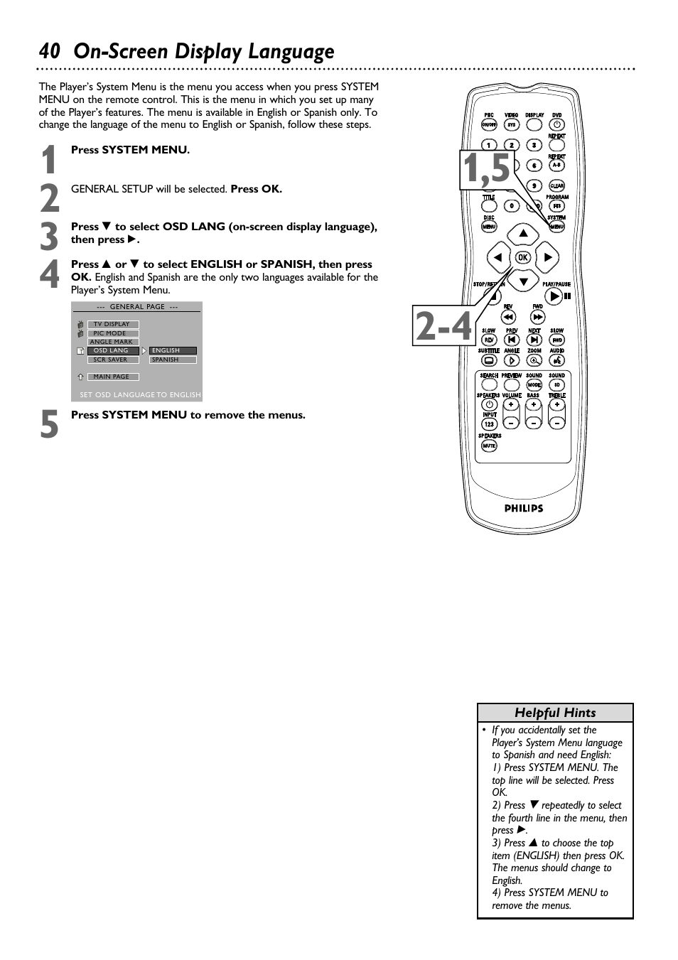 40 on-screen display language | Philips DVD580MT99 User Manual | Page 40 / 47