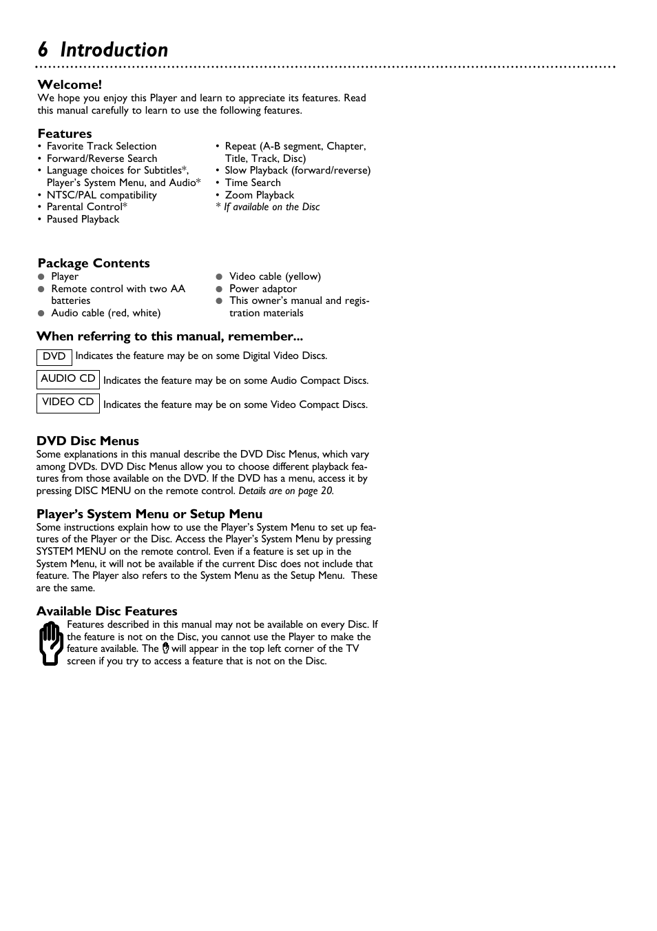 6 introduction | Philips DVD580MT99 User Manual | Page 6 / 47