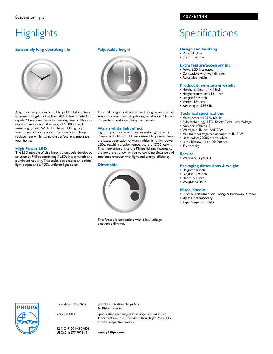Highlights, Specifications | Philips 407361148 User Manual | Page 2 / 2
