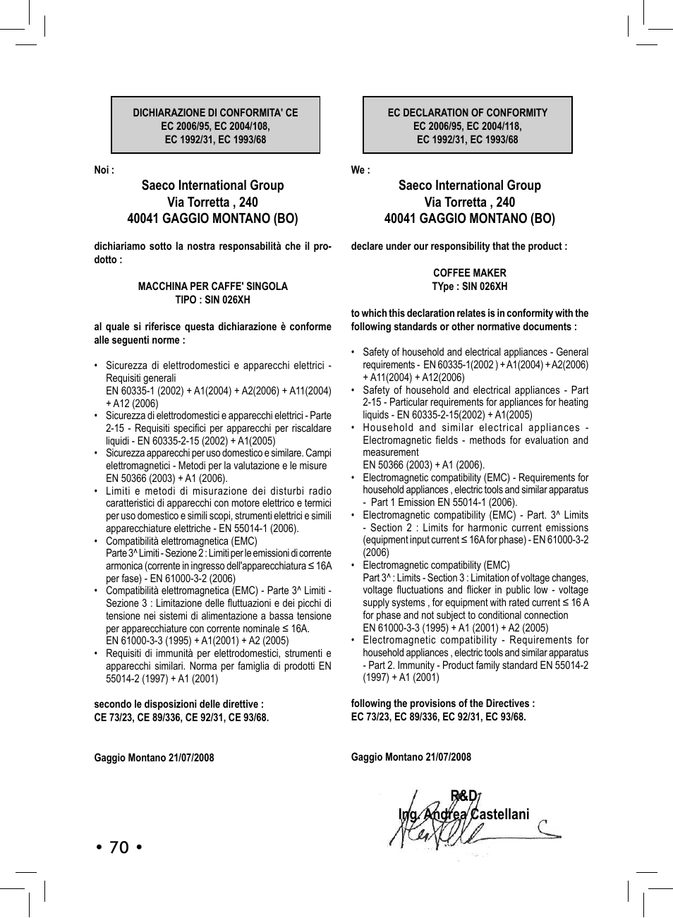 R&d ing. andrea castellani | Philips 10001541 User Manual | Page 70 / 76