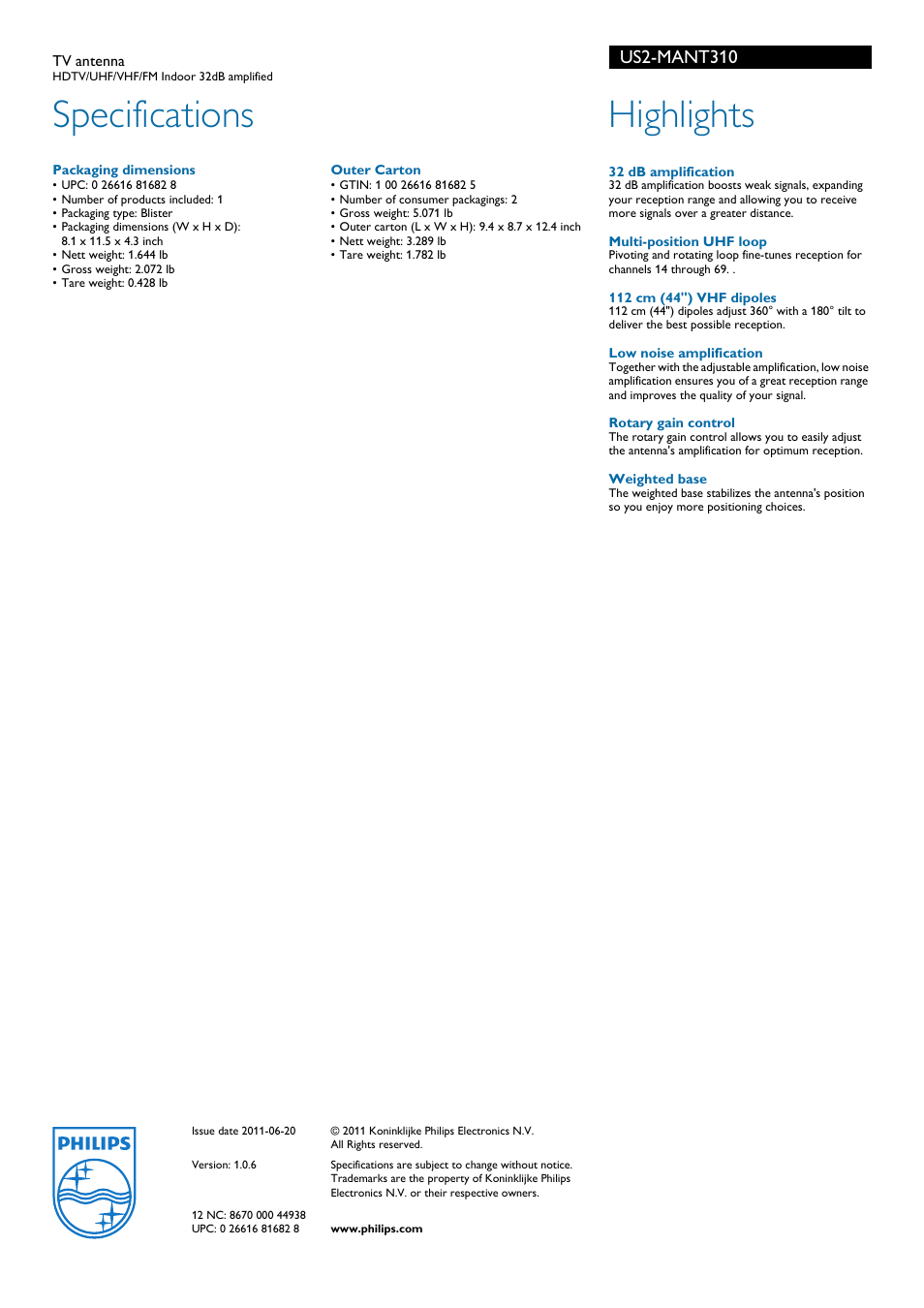 Specifications, Highlights, Us2-mant310 | Philips US2-MANT310 User Manual | Page 2 / 2