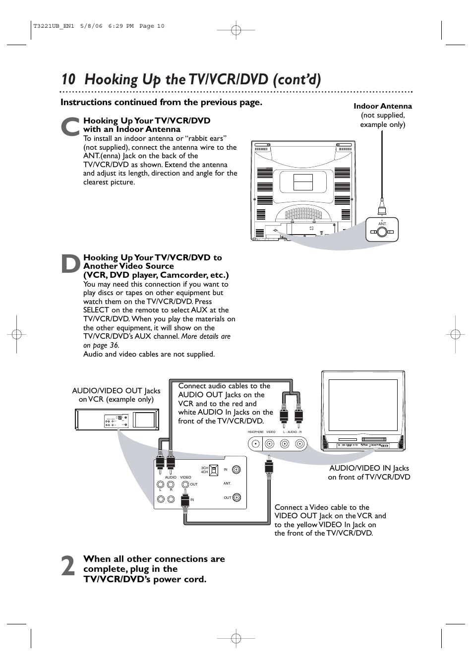 10 hooking up the tv/vcr/dvd (cont’d), Instructions continued from the previous page, Hooking up your tv/vcr/dvd with an indoor antenna | Philips 27PC4326-37 User Manual | Page 10 / 92