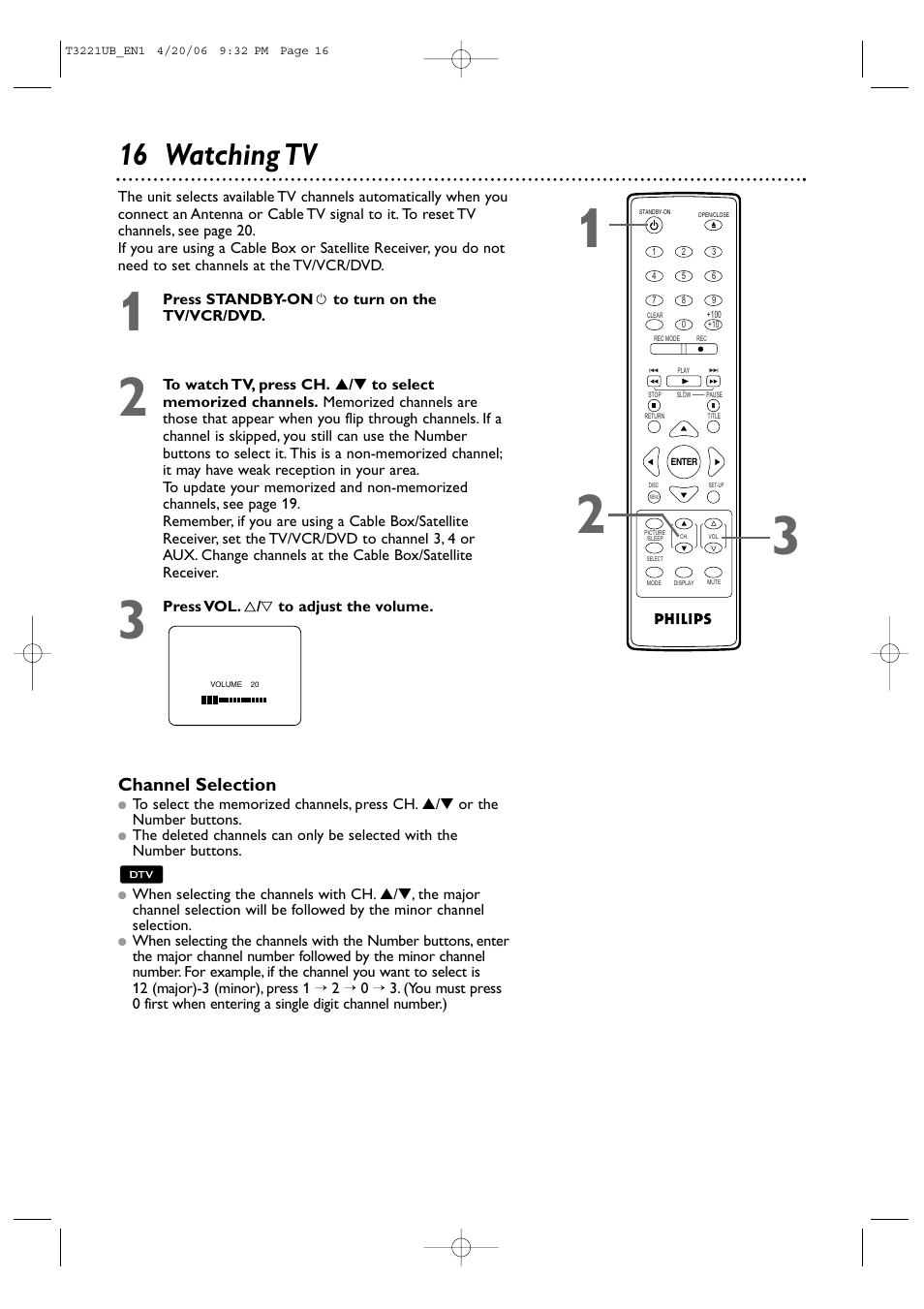 16 watching tv, Channel selection | Philips 27PC4326-37 User Manual | Page 16 / 92