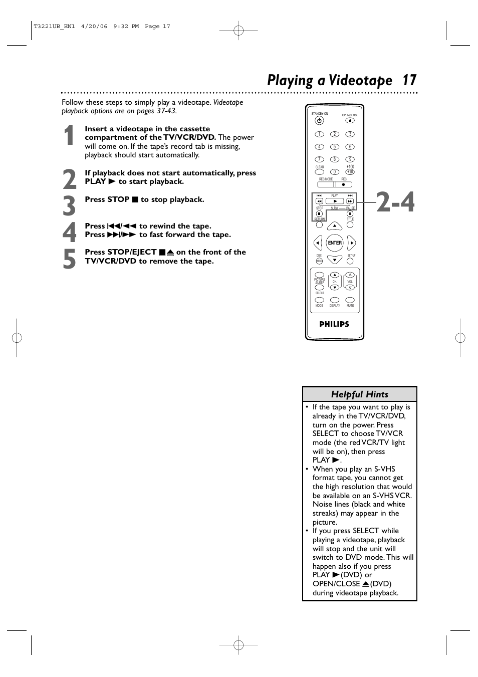 Playing a videotape 17, Helpful hints | Philips 27PC4326-37 User Manual | Page 17 / 92