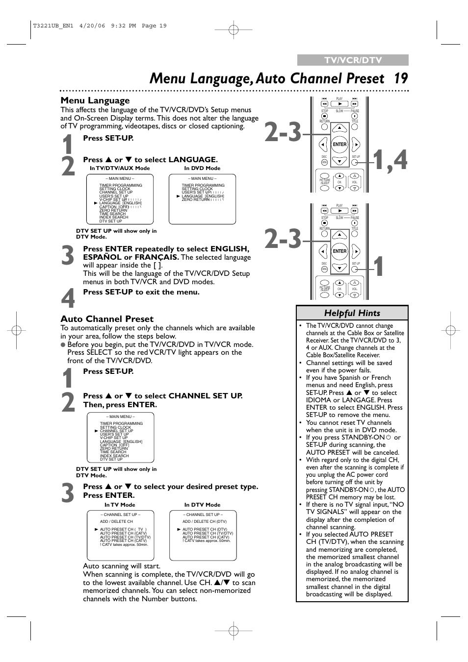 Menu language, auto channel preset 19, Helpful hints, Menu language | Auto channel preset | Philips 27PC4326-37 User Manual | Page 19 / 92