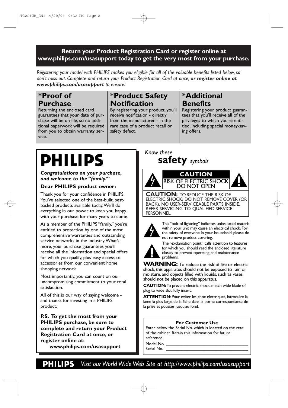 Safety, Proof of purchase, Product safety notification | Additional benefits | Philips 27PC4326-37 User Manual | Page 2 / 92