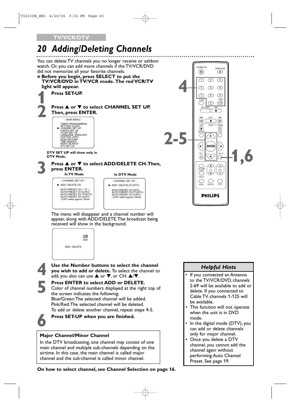 20 adding/deleting channels, Helpful hints | Philips 27PC4326-37 User Manual | Page 20 / 92