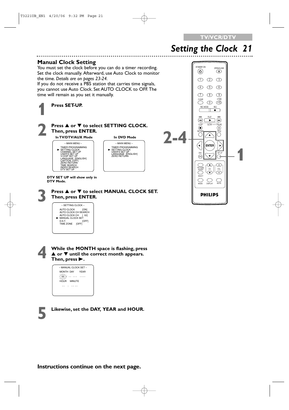 Setting the clock 21, Manual clock setting, Instructions continue on the next page | Tv/vcr/dtv | Philips 27PC4326-37 User Manual | Page 21 / 92