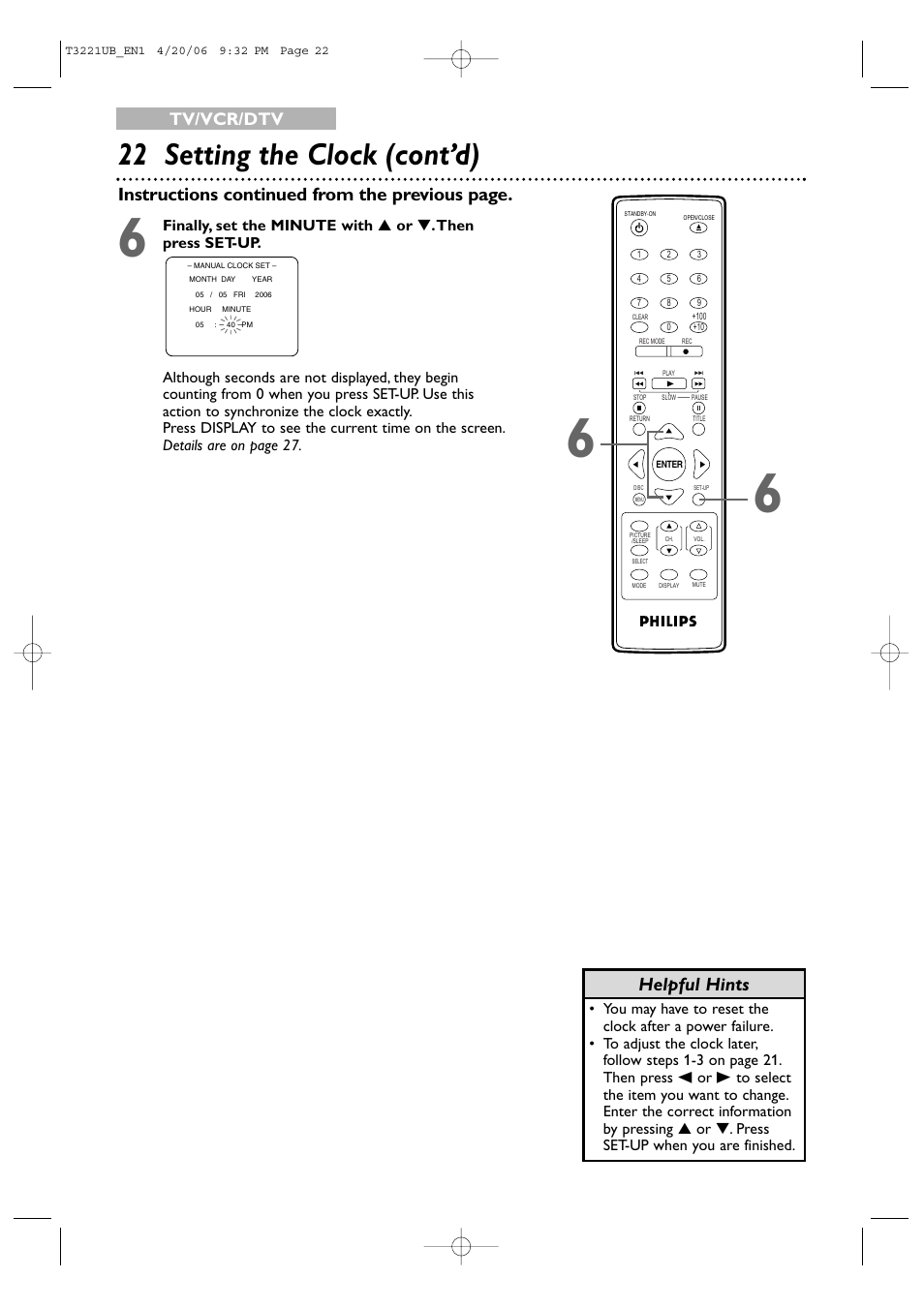 22 setting the clock (cont’d), Helpful hints, Instructions continued from the previous page | Tv/vcr/dtv | Philips 27PC4326-37 User Manual | Page 22 / 92