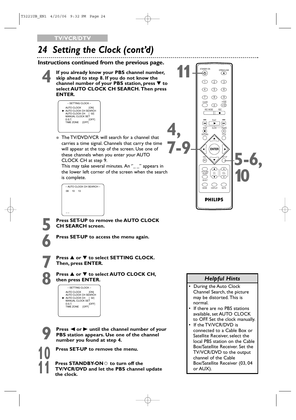 24 setting the clock (cont’d) | Philips 27PC4326-37 User Manual | Page 24 / 92