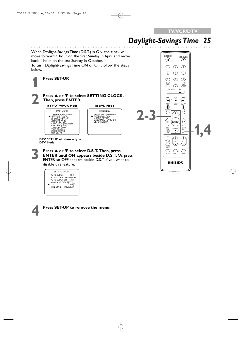 Daylight-savings time 25, Tv/vcr/dtv | Philips 27PC4326-37 User Manual | Page 25 / 92