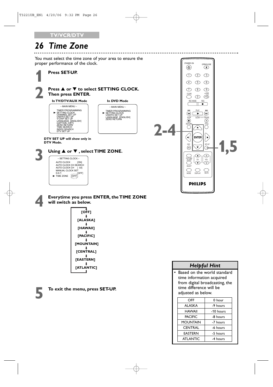 26 time zone, Helpful hint, Tv/vcr/dtv | Philips 27PC4326-37 User Manual | Page 26 / 92