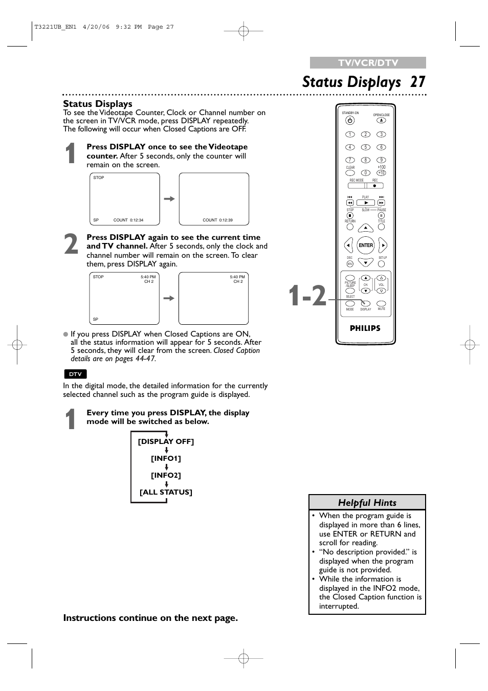 Status displays 27, Status displays, Tv/vcr/dtv | Philips 27PC4326-37 User Manual | Page 27 / 92