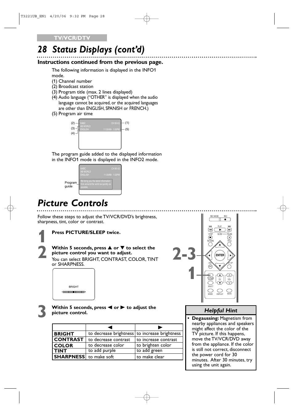 28 status displays (cont’d), Picture controls, Helpful hint | Instructions continued from the previous page | Philips 27PC4326-37 User Manual | Page 28 / 92