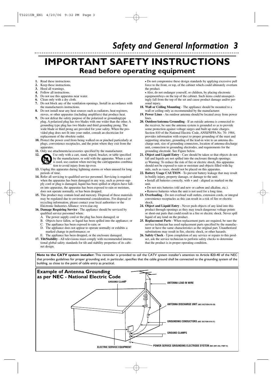 Important safety instructions, Safety and general information 3, Read before operating equipment | Philips 27PC4326-37 User Manual | Page 3 / 92