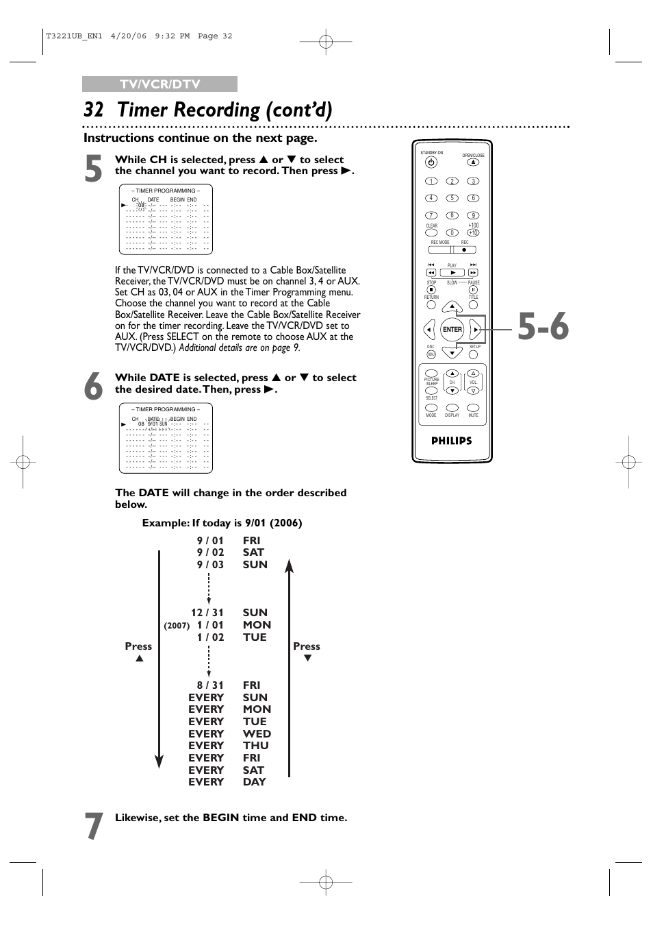 32 timer recording (cont’d), Instructions continue on the next page, Tv/vcr/dtv | Philips 27PC4326-37 User Manual | Page 32 / 92