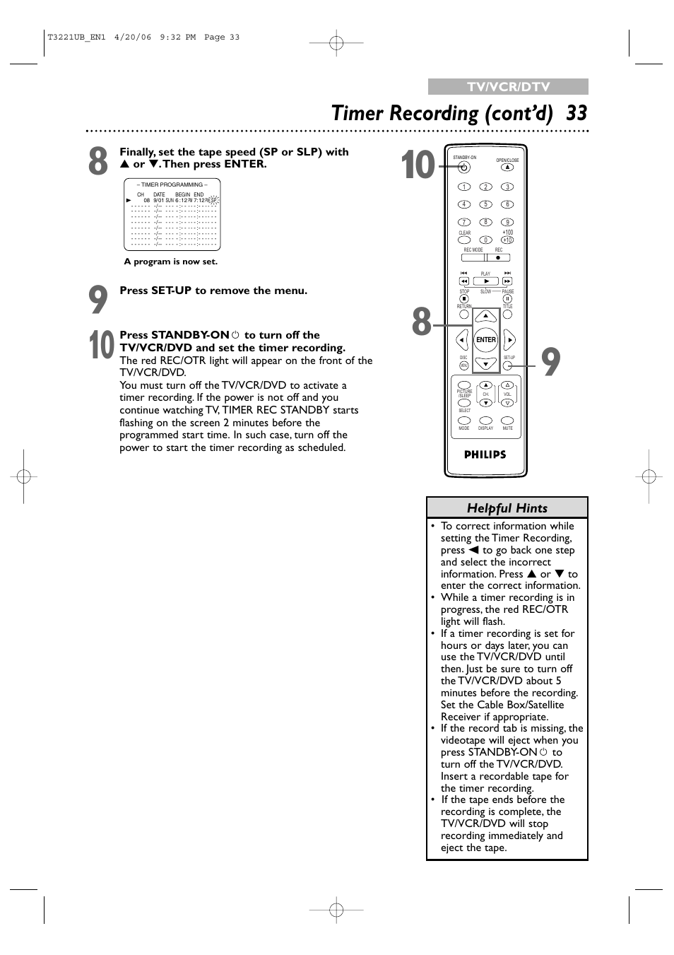 Timer recording (cont’d) 33, Helpful hints, Tv/vcr/dtv | Philips 27PC4326-37 User Manual | Page 33 / 92