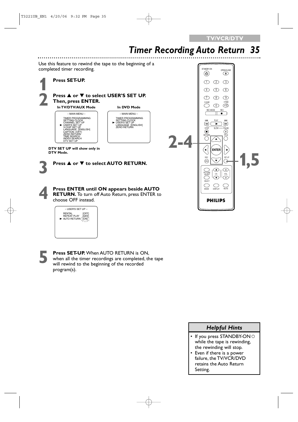 Timer recording auto return 35, Helpful hints, Tv/vcr/dtv | Philips 27PC4326-37 User Manual | Page 35 / 92