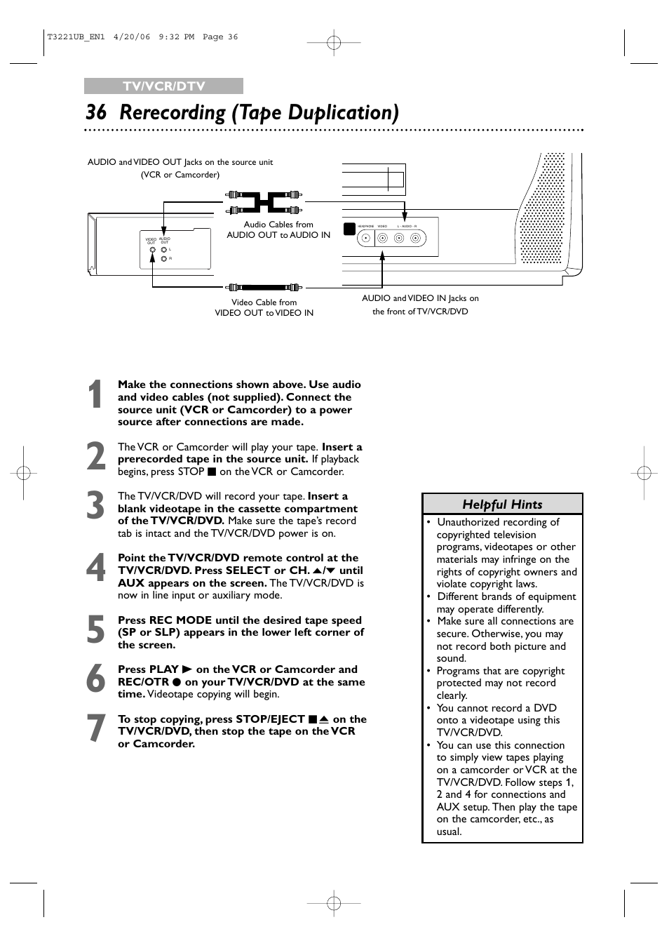36 rerecording (tape duplication) | Philips 27PC4326-37 User Manual | Page 36 / 92