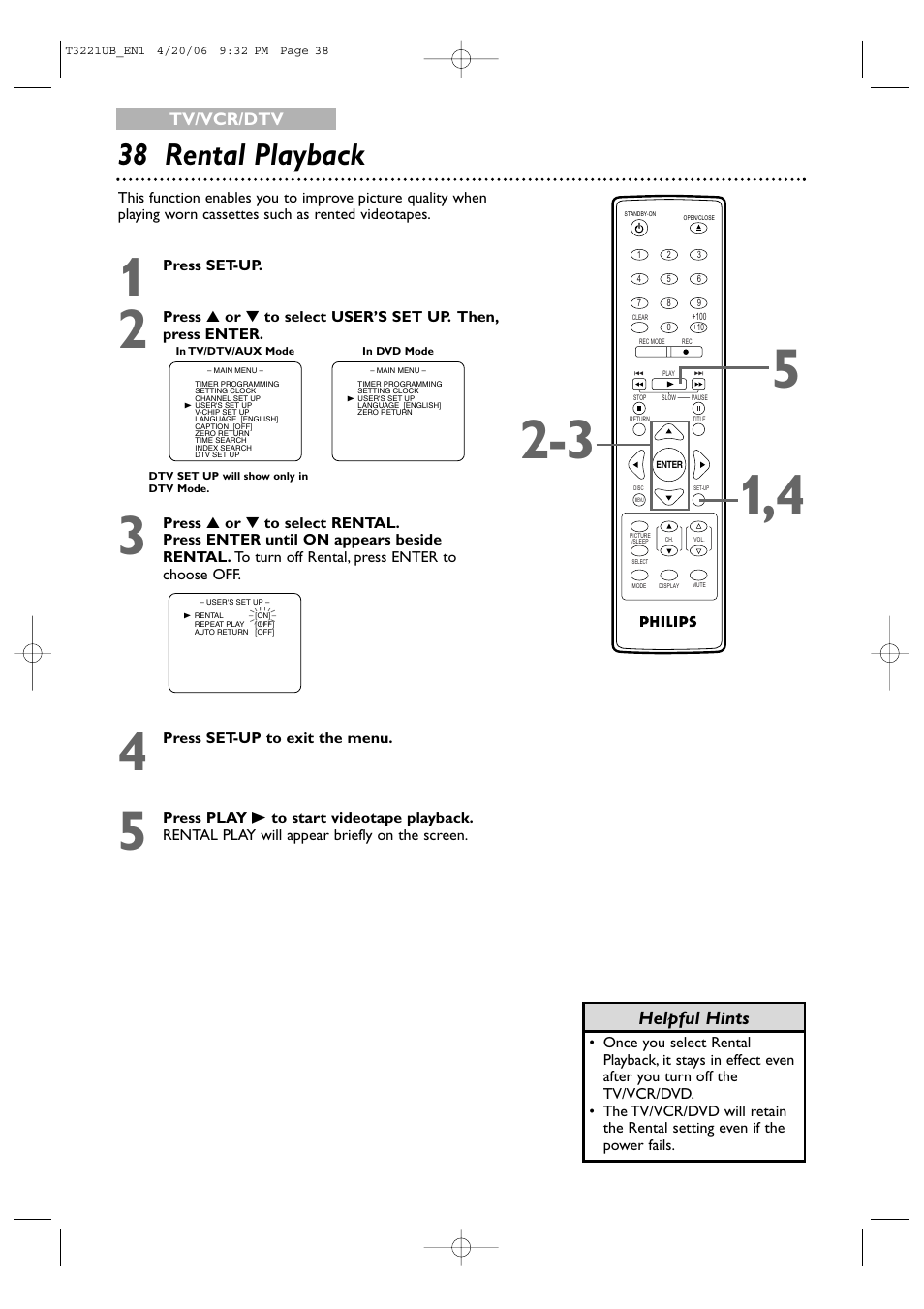 38 rental playback, Helpful hints | Philips 27PC4326-37 User Manual | Page 38 / 92