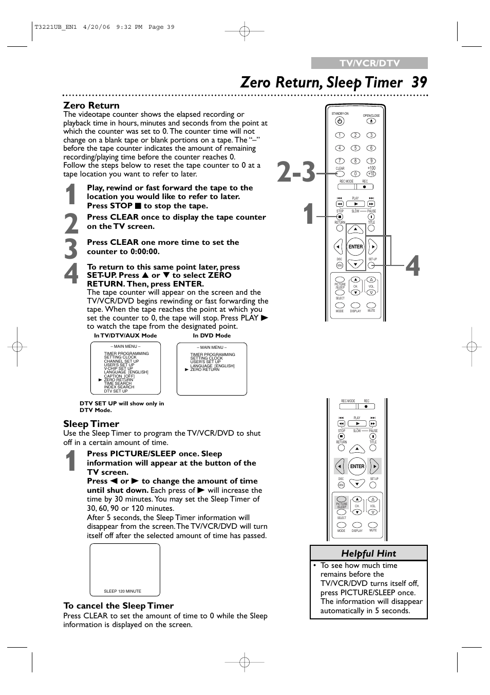 Zero return, sleep timer 39, Zero return, Sleep timer | Helpful hint, Tv/vcr/dtv | Philips 27PC4326-37 User Manual | Page 39 / 92